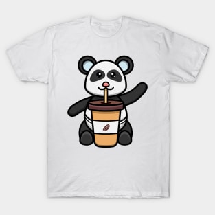 Sticker and Label Of Cute Baby Panda With Coffee. T-Shirt